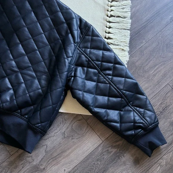 Rebecca Minkoff Diamond Quilted Faux Leather Navy Blue Bomber Jacket - Picture 10 of 12